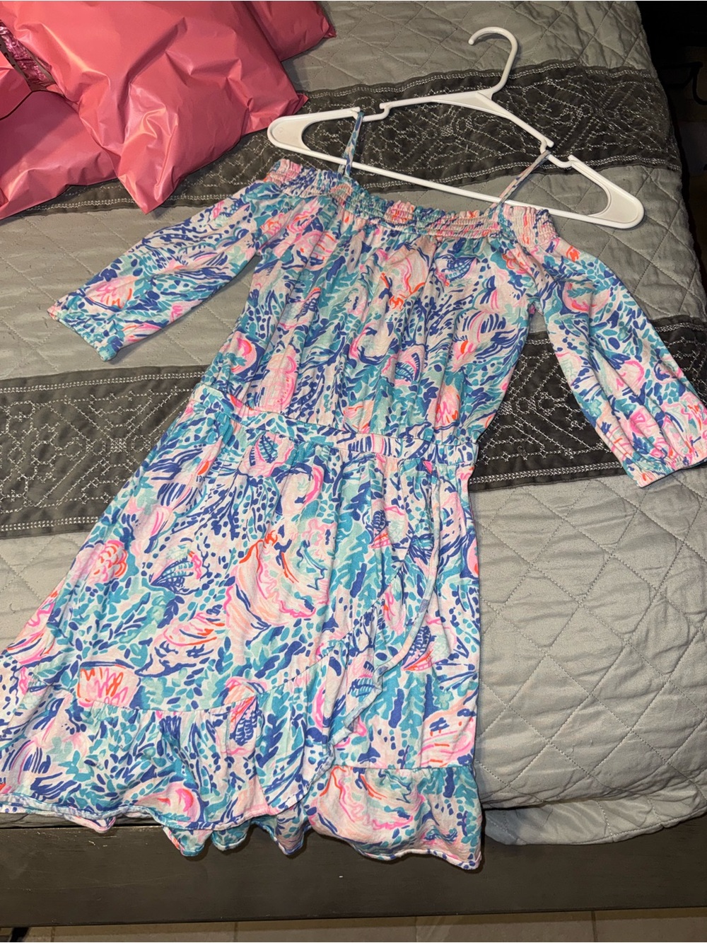 Lilly Pulitzer Girls Off-Shoulder Floral Print Dress in Blue and Pink